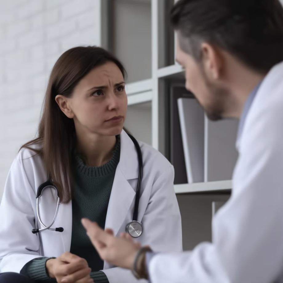doctor talking to another doctor who is sad