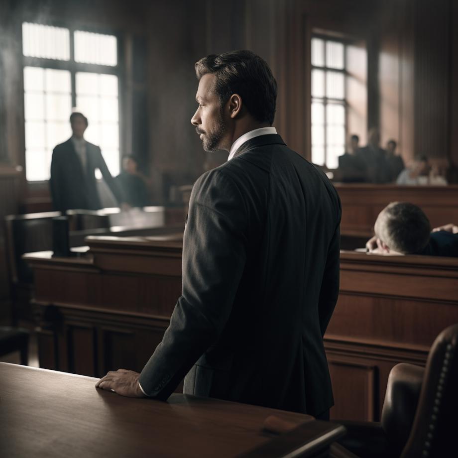 man in a suit in a courtroom, talking to a judge