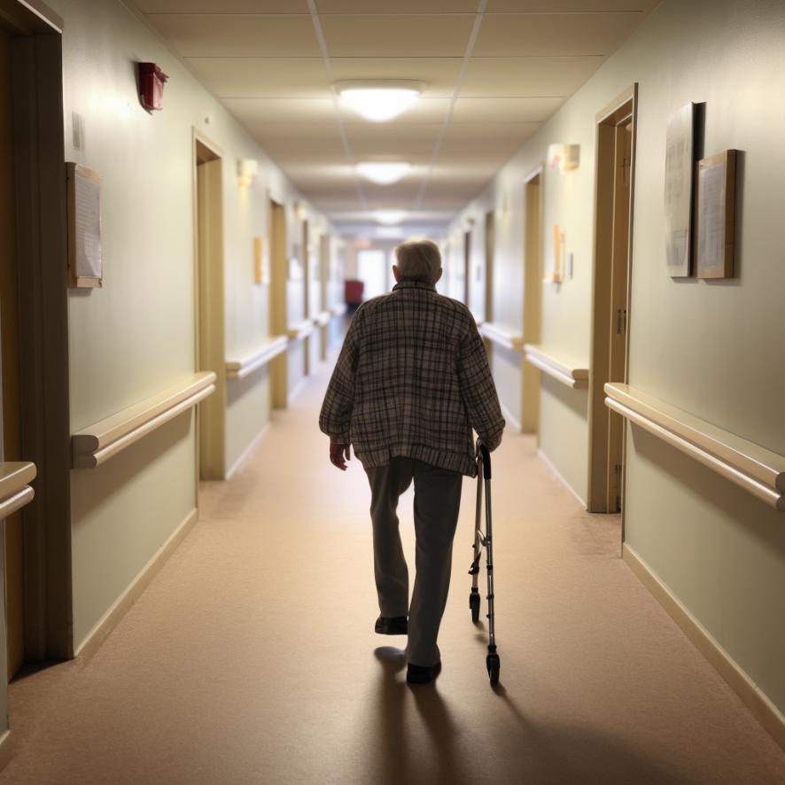 Older man walking in a nursing home hall