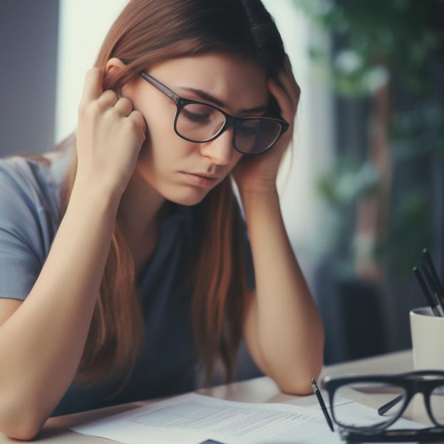 worried woman with glasses doing her budget