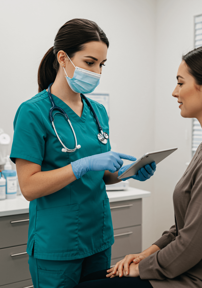 A nurse in teal scrubs and a mask consults with a patient using a tablet in a modern medical office