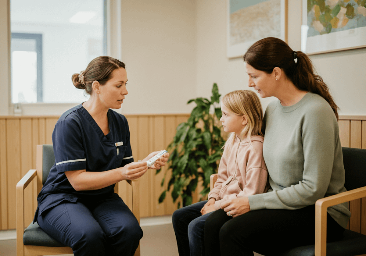 A healthcare professional discusses a medical device with a mother and her child in a calm clinic setting, fostering understanding.