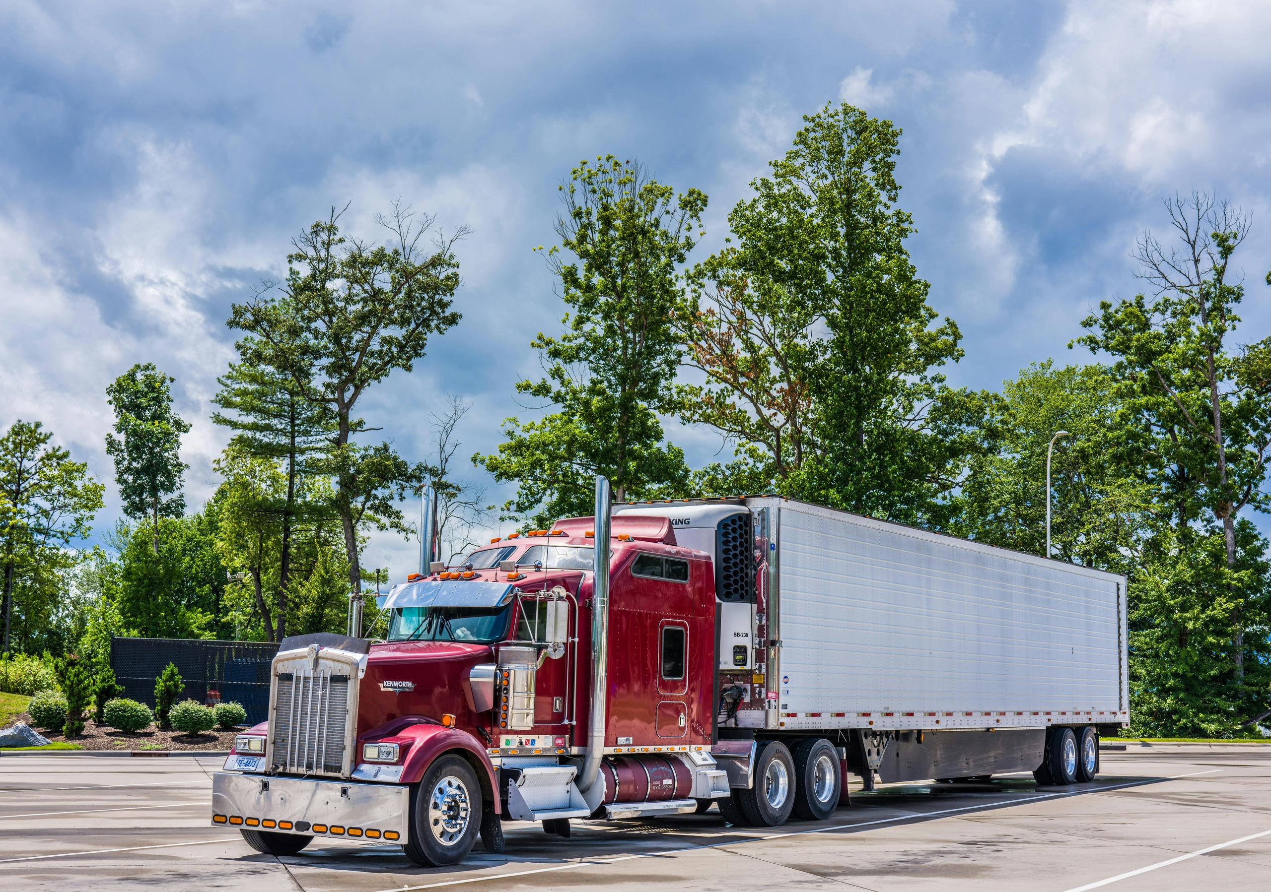 red tractor-trailer