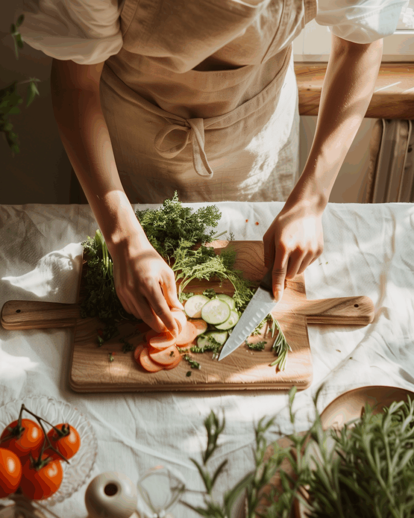 A cozy kitchen scene with fresh veggies being sliced on a wooden board, surrounded by herbs and tomatoes in warm natural light