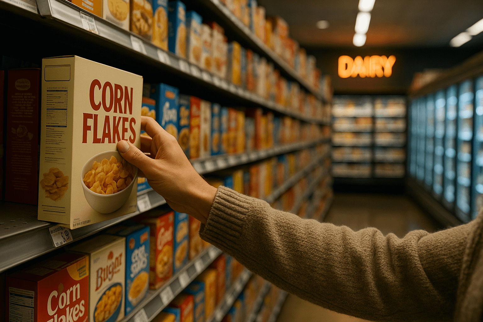 A shopper’s hand reaches to grab a box of corn flakes from a grocery aisle shelf, with rows of colorful cereal boxes blurring into the background and a warm neon “DAIRY” sign glowing at the aisle’s end