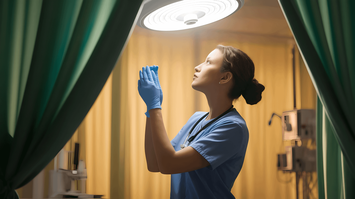 A medical professional in blue scrubs and gloves looks upward under a surgical light, surrounded by green curtains and medical equipment