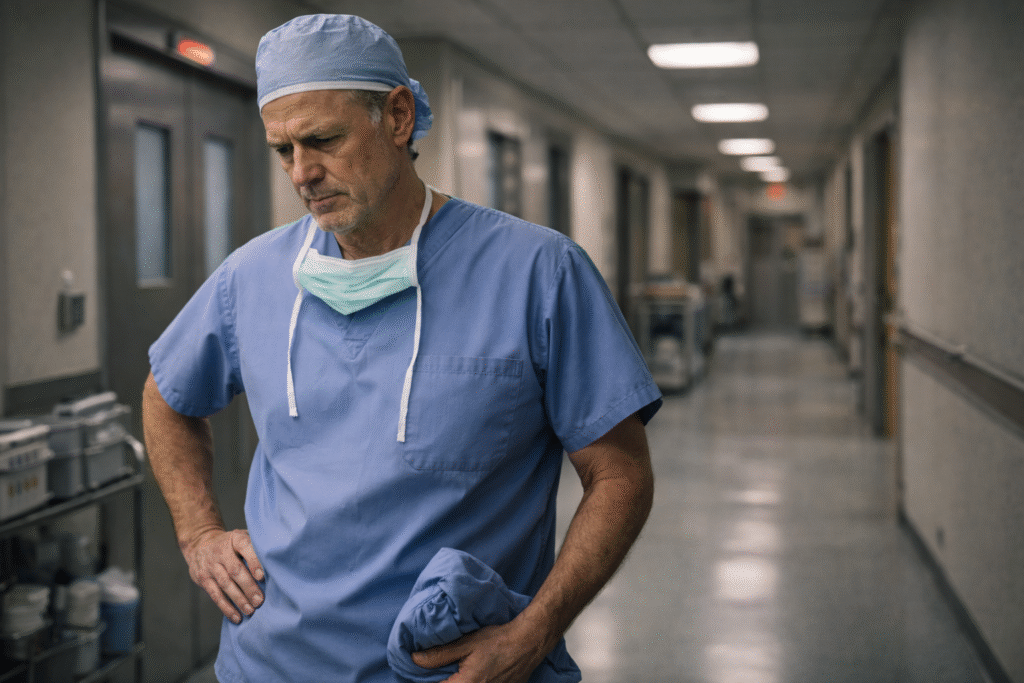 A surgeon in scrubs stands in a hospital corridor looking worried and deep in thought.