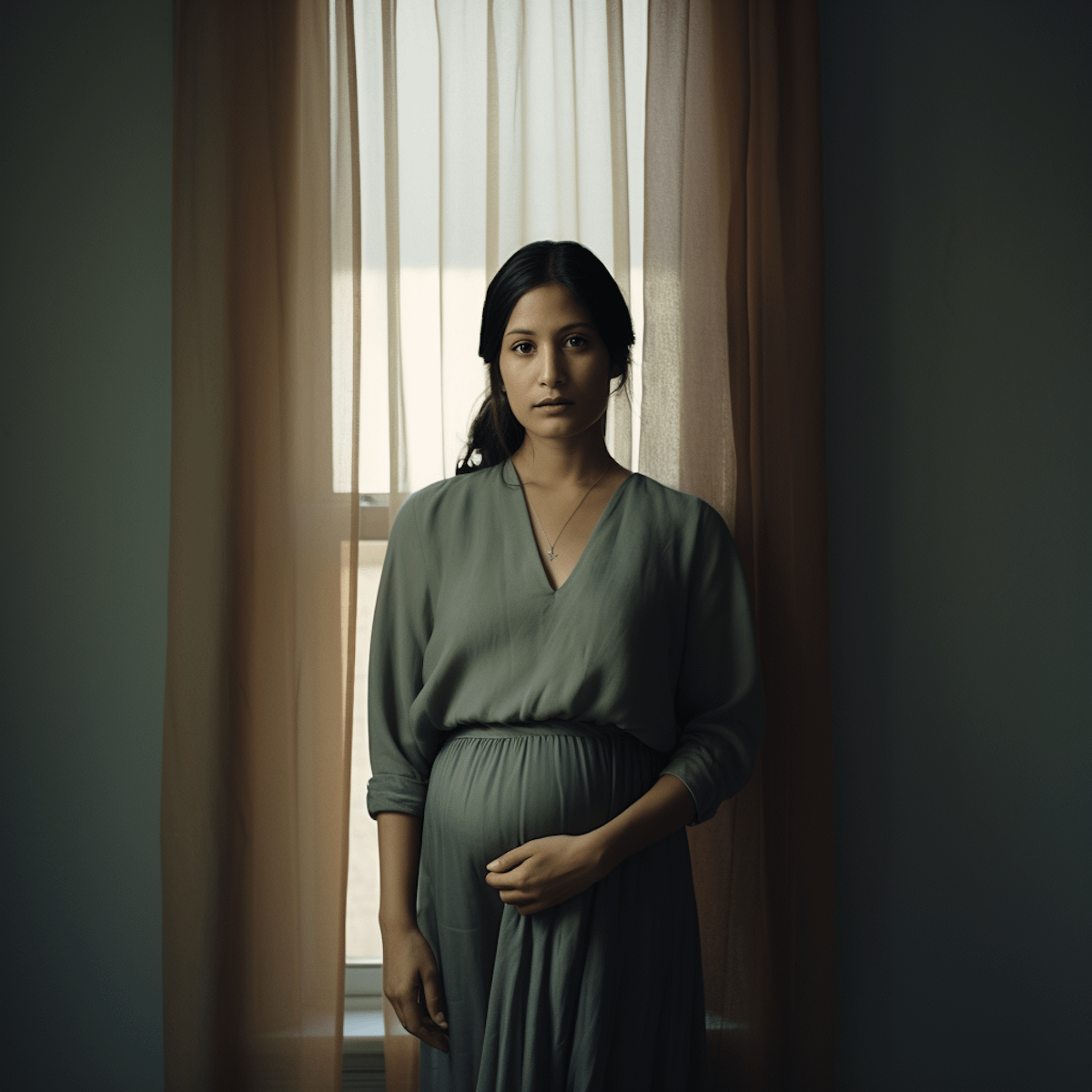 Pregnant woman in a green dress stands by a softly lit window