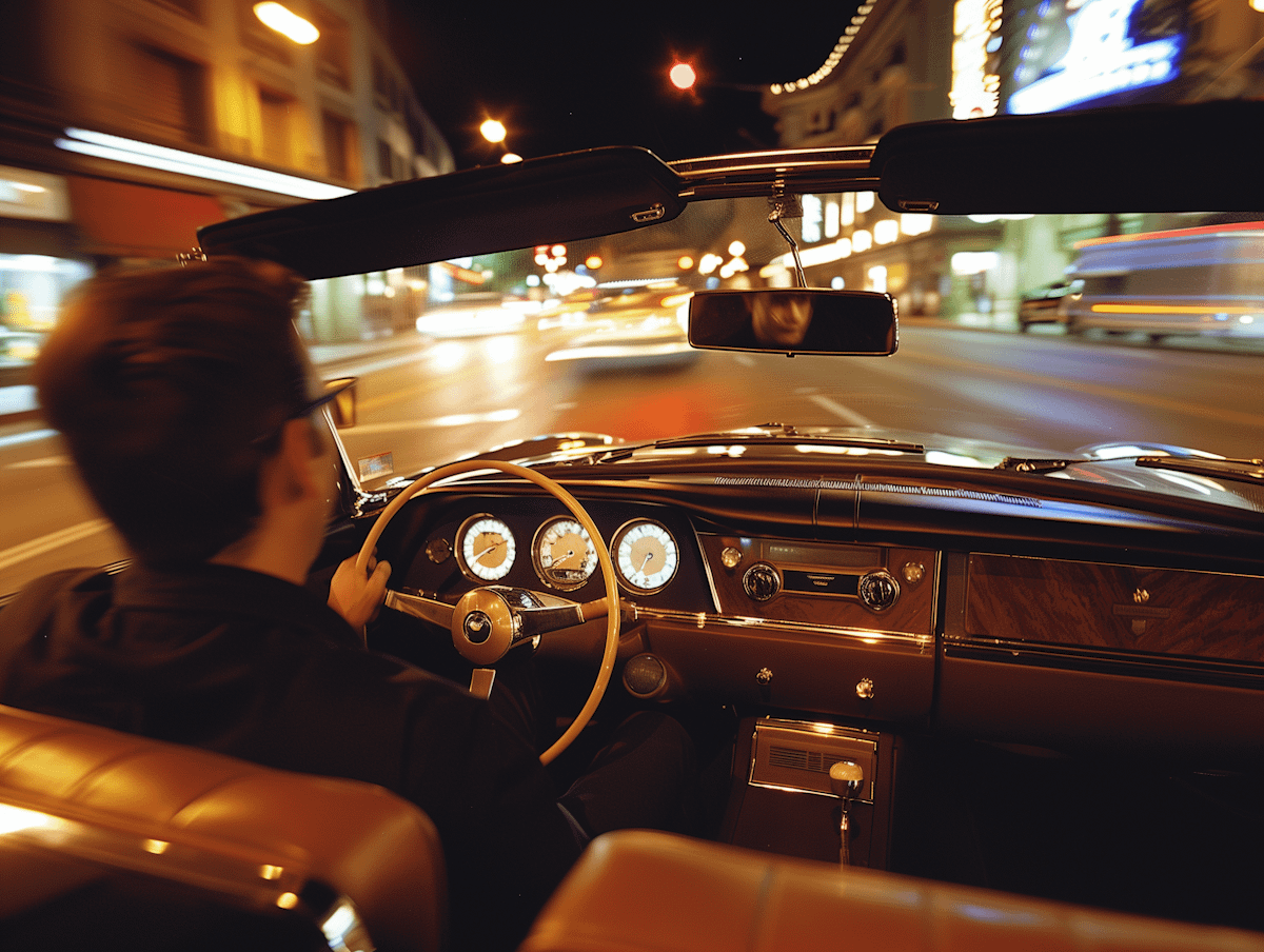 Night drive in a classic convertible through a city, with blurred lights and vintage dashboard