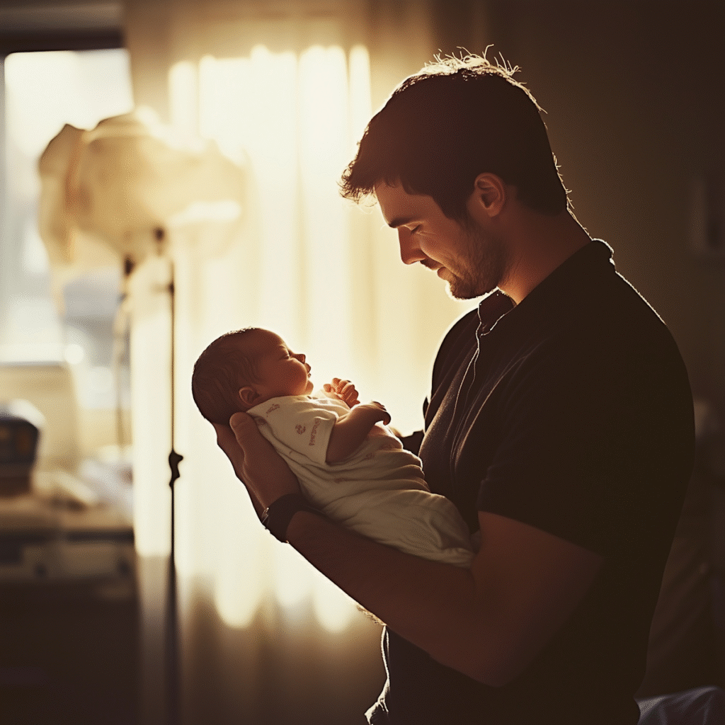 A father lovingly cradles his newborn in warm sunlight, creating a serene and intimate moment filled with tenderness.