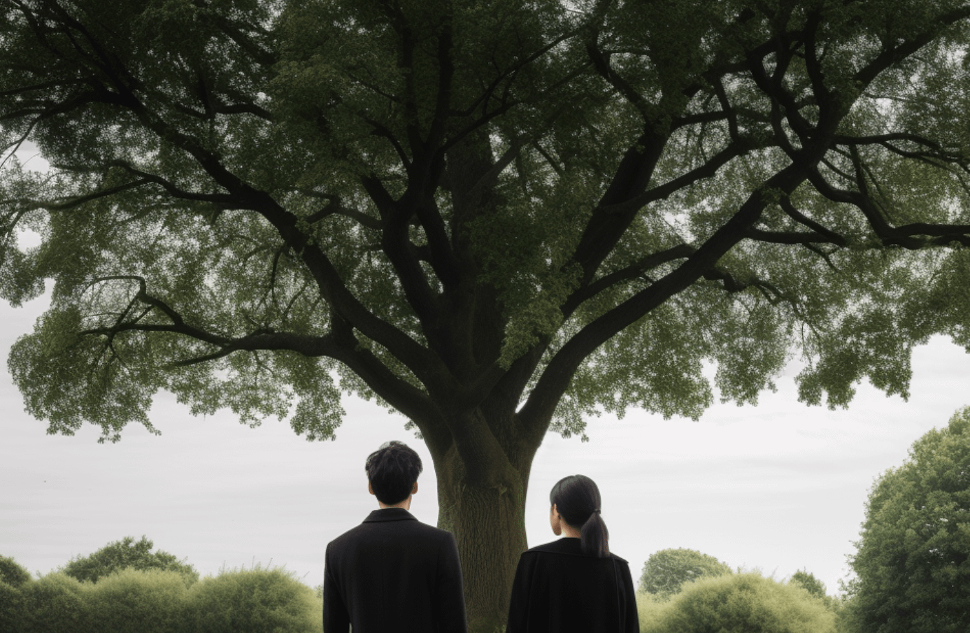 Two people in black at a cemetery